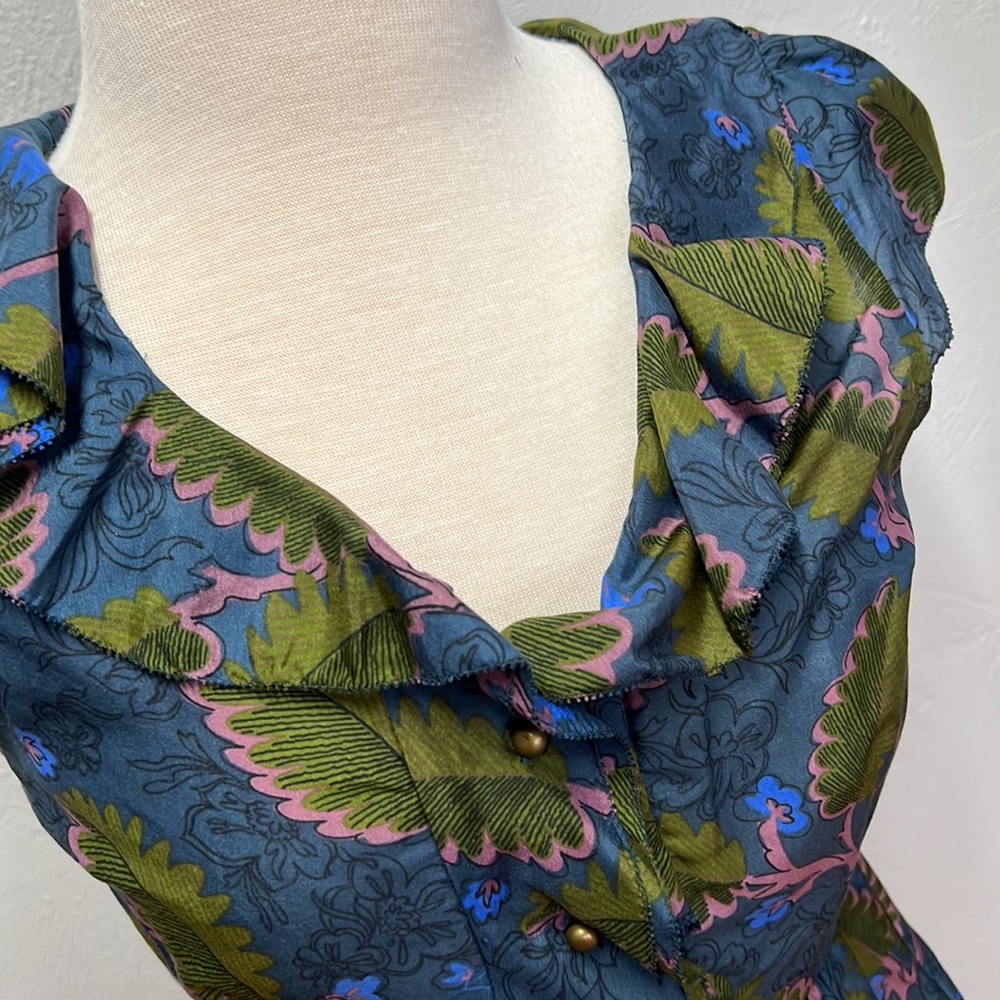 Vanessa Virginia Anthropologie Blue/Green Floral Print Peplum Blouse Size 0